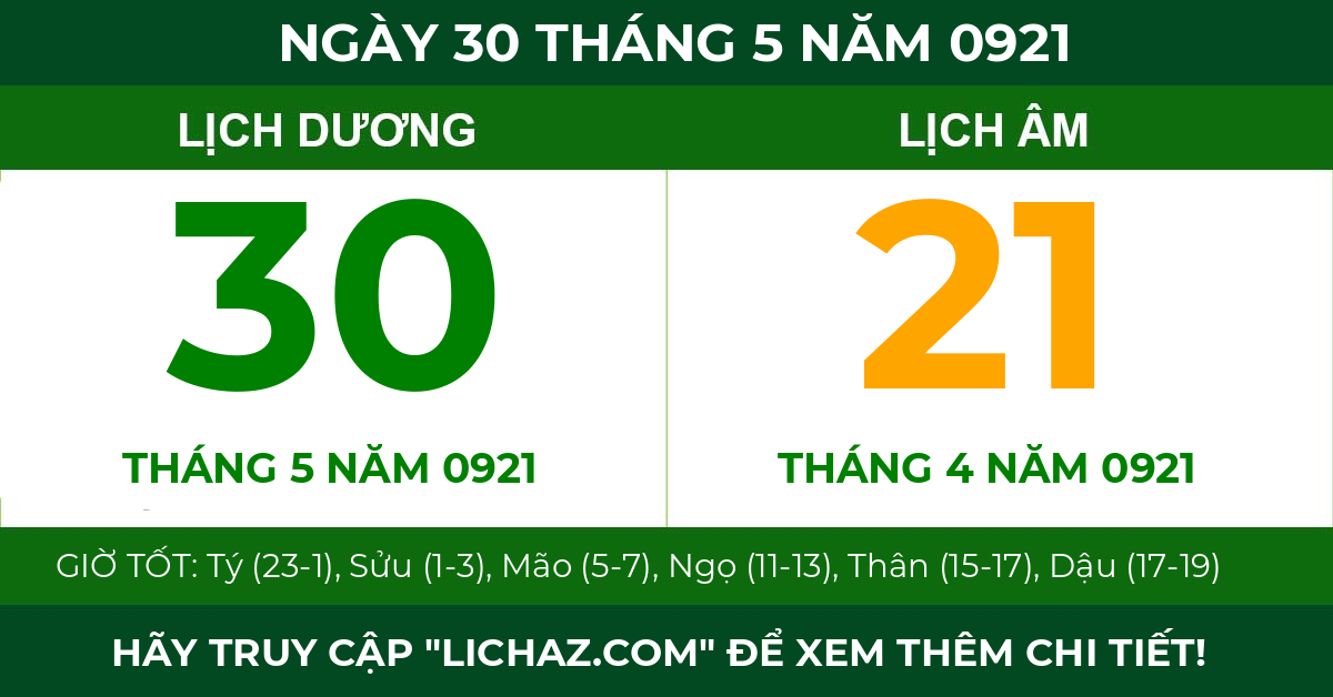 lịch âm ngày 30 tháng 5 năm 0921