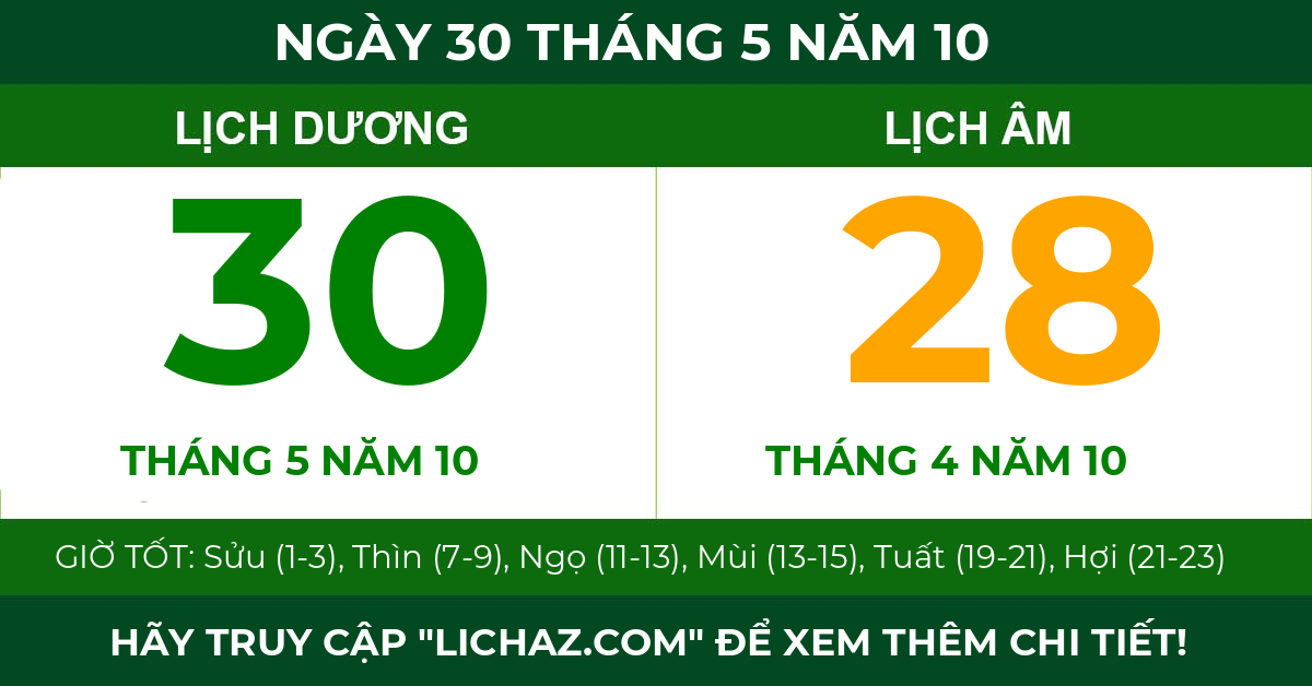 lịch âm ngày 30 tháng 5 năm 10