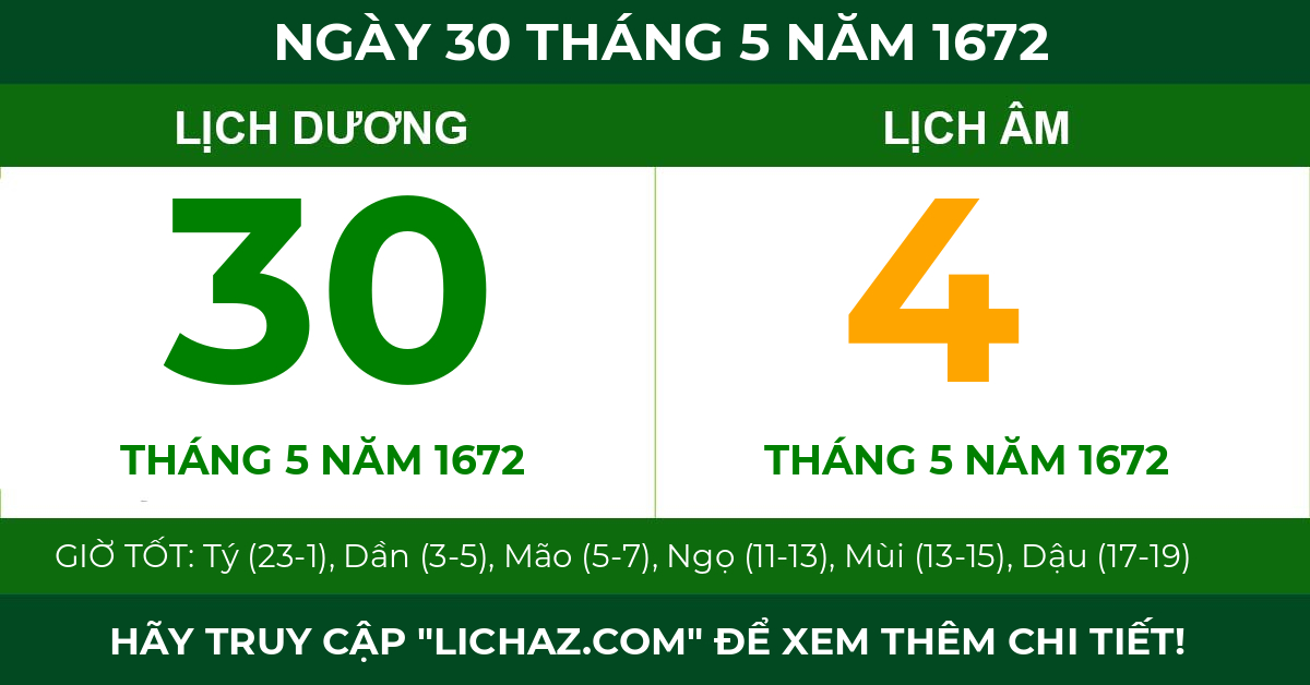lịch âm ngày 30 tháng 5 năm 1672