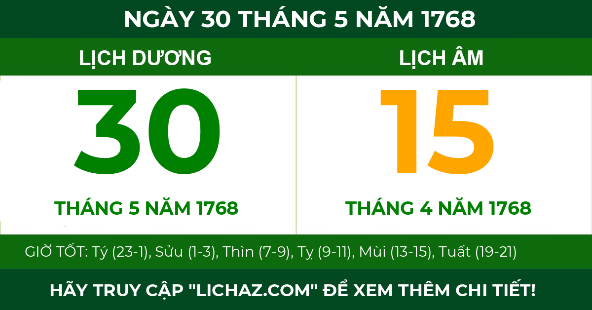 lịch âm ngày 30 tháng 5 năm 1768
