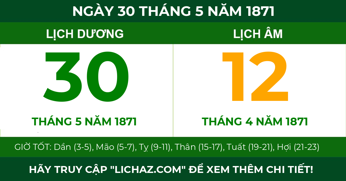 lịch âm ngày 30 tháng 5 năm 1871