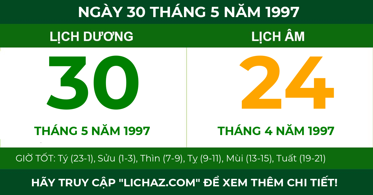lịch âm ngày 30 tháng 5 năm 1997
