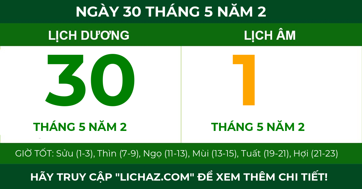 lịch âm ngày 30 tháng 5 năm 2