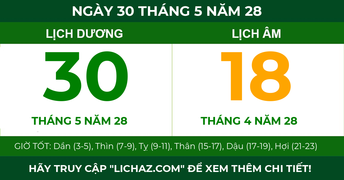 lịch âm ngày 30 tháng 5 năm 28