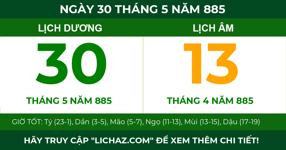 lịch âm ngày 30 tháng 5 năm 885