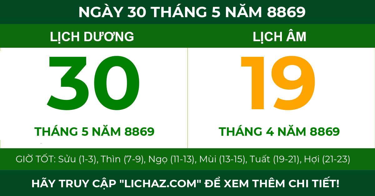 lịch âm ngày 30 tháng 5 năm 8869