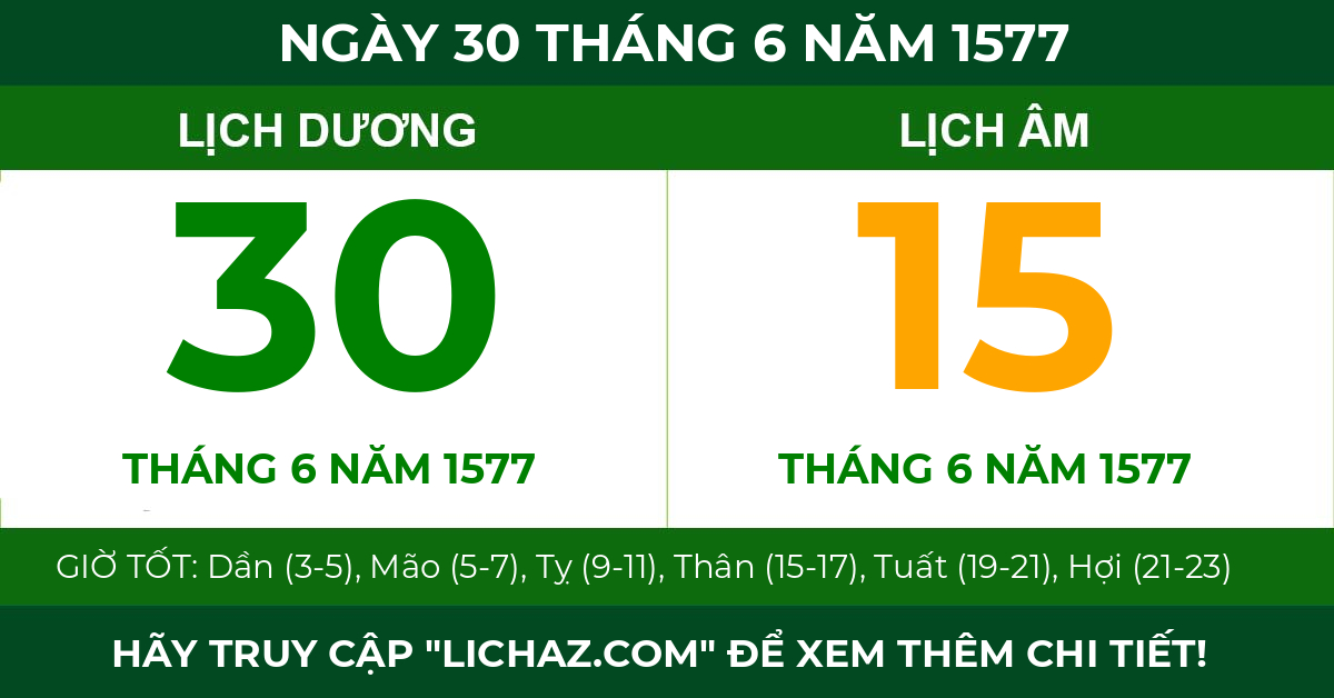lịch âm ngày 30 tháng 6 năm 1577
