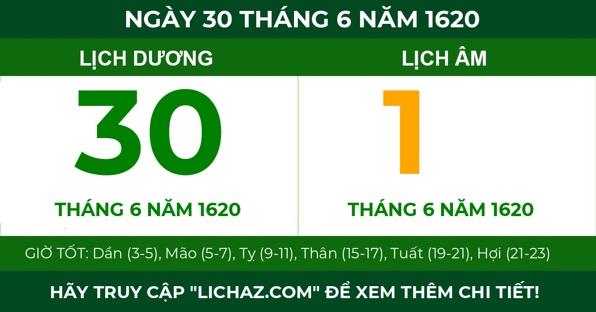 lịch âm ngày 30 tháng 6 năm 1620