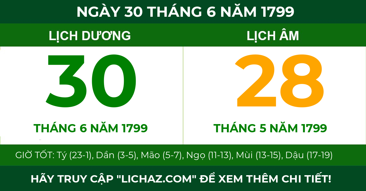 lịch âm ngày 30 tháng 6 năm 1799