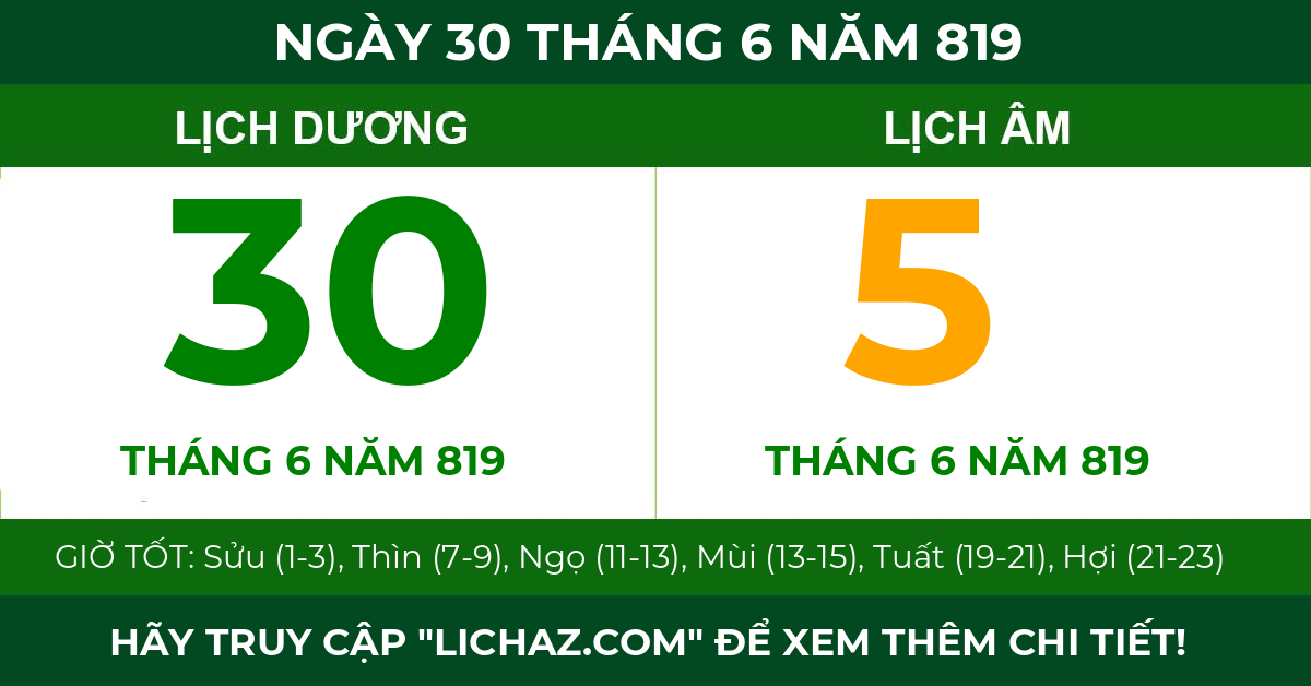 lịch âm ngày 30 tháng 6 năm 819