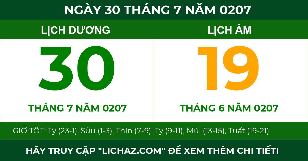 lịch âm ngày 30 tháng 7 năm 0207