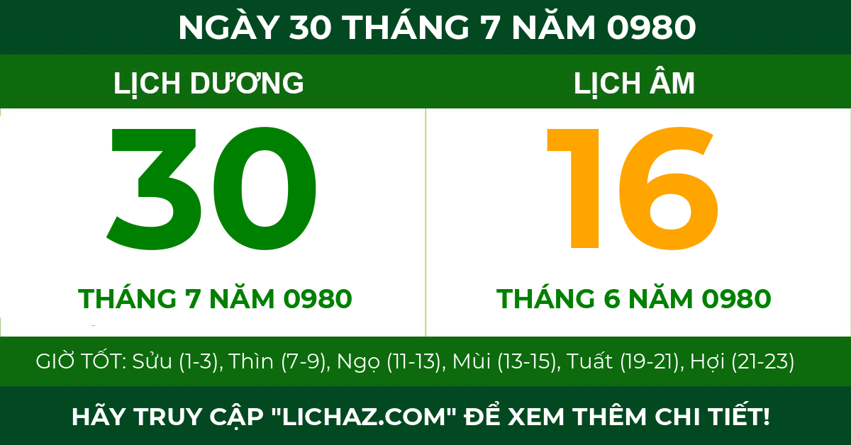 lịch âm ngày 30 tháng 7 năm 0980