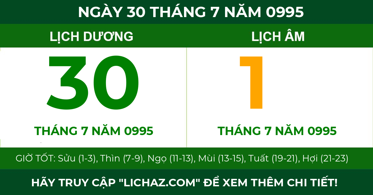 lịch âm ngày 30 tháng 7 năm 0995
