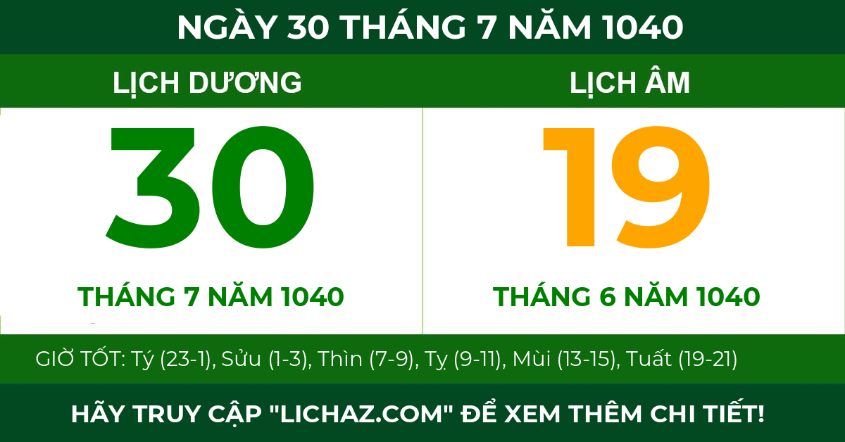 lịch âm ngày 30 tháng 7 năm 1040