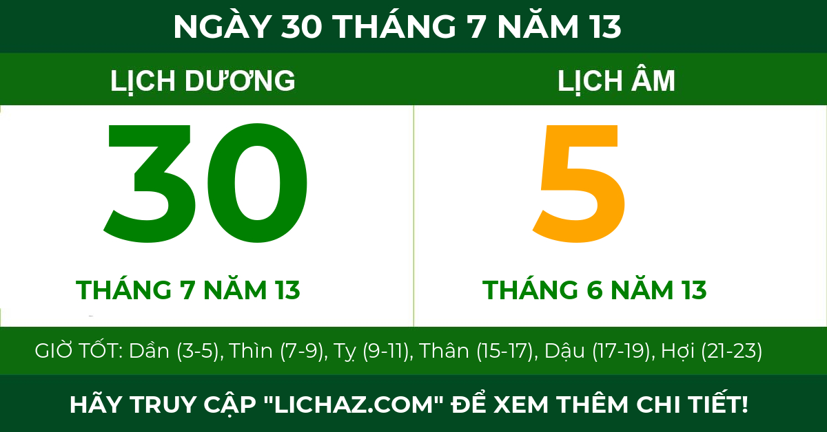 lịch âm ngày 30 tháng 7 năm 13