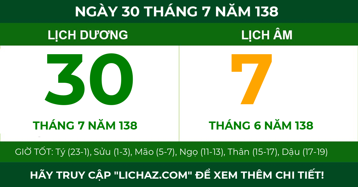 lịch âm ngày 30 tháng 7 năm 138