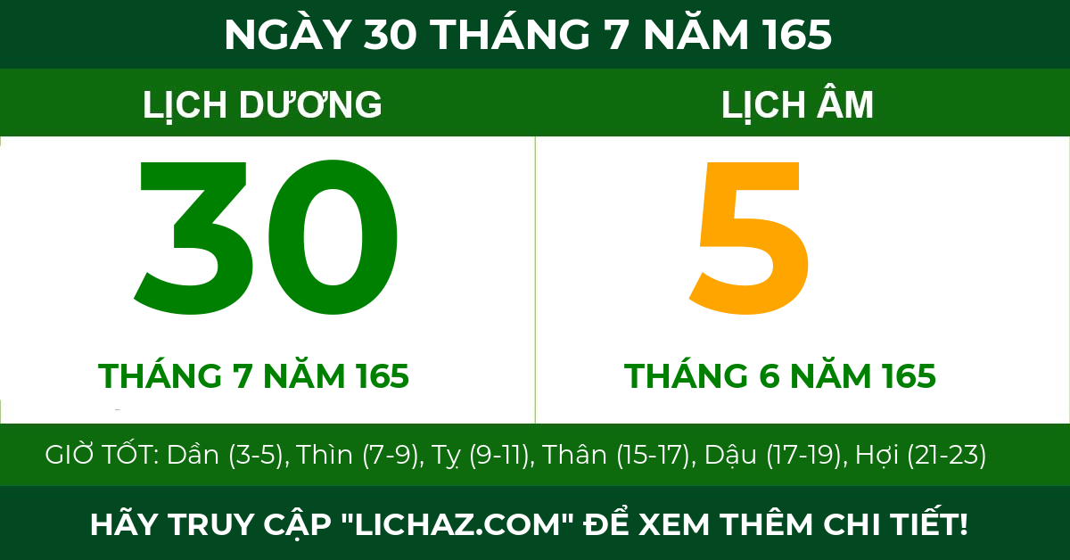 lịch âm ngày 30 tháng 7 năm 165