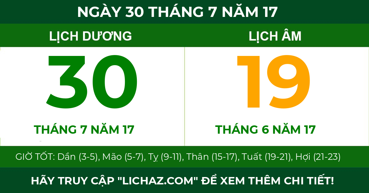 lịch âm ngày 30 tháng 7 năm 17