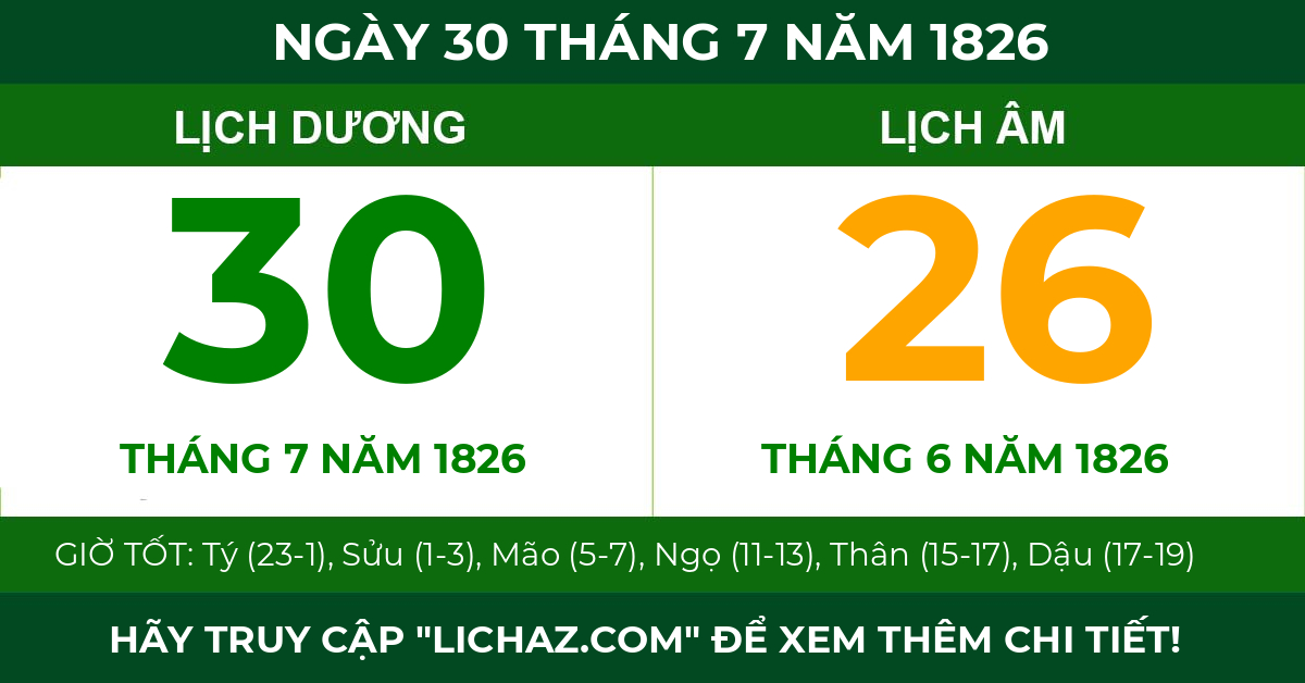 lịch âm ngày 30 tháng 7 năm 1826
