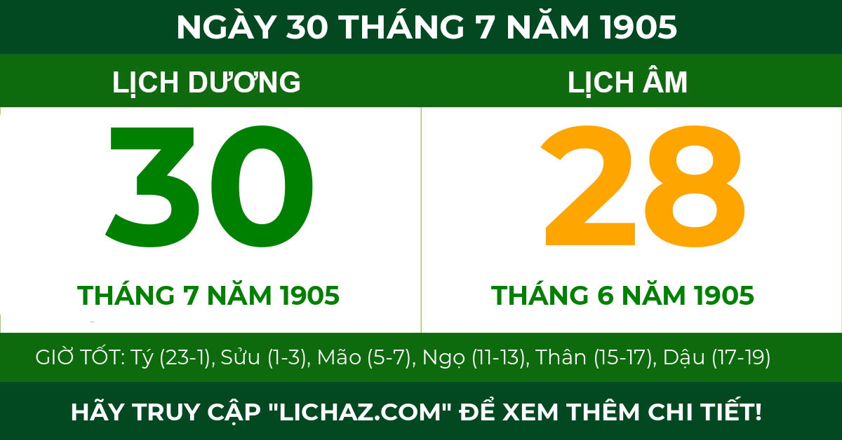 lịch âm ngày 30 tháng 7 năm 1905