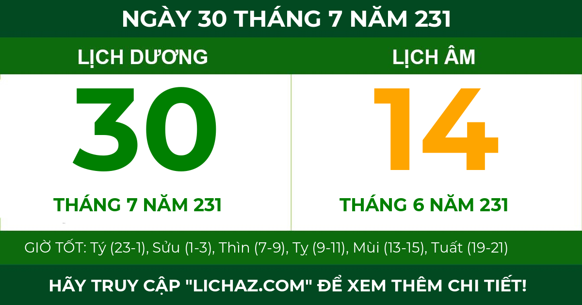 lịch âm ngày 30 tháng 7 năm 231