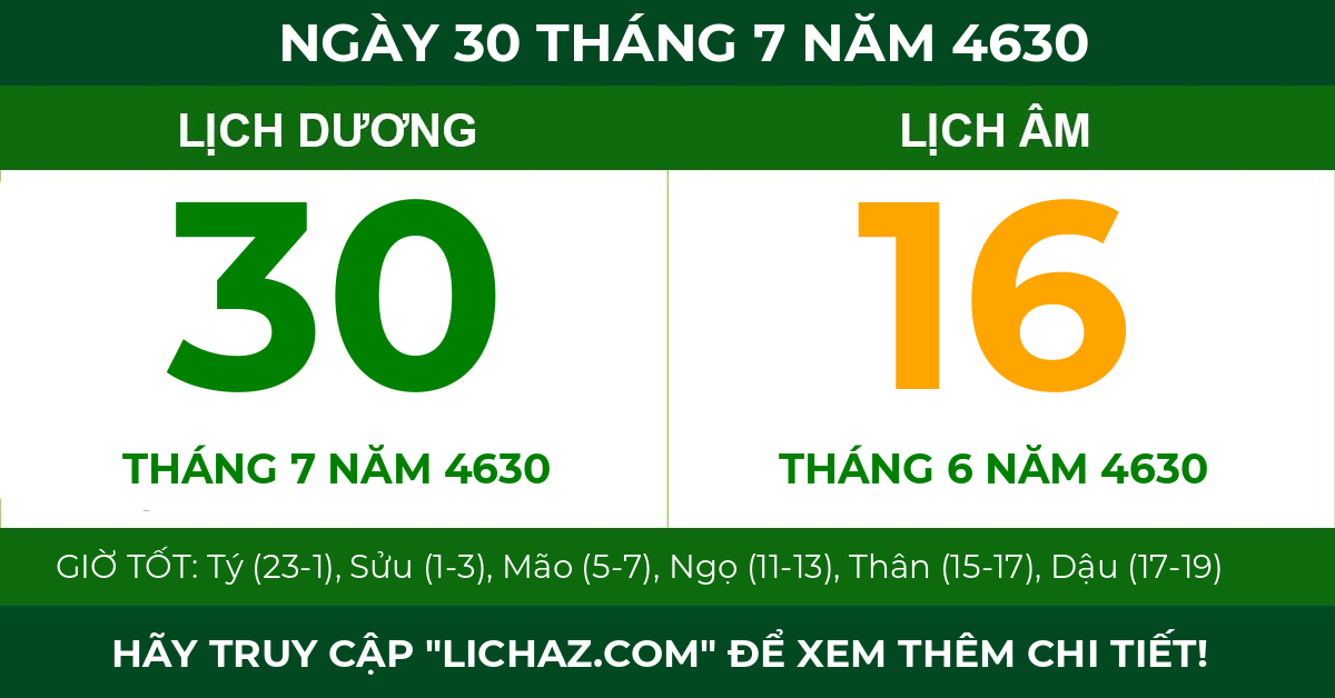 lịch âm ngày 30 tháng 7 năm 4630