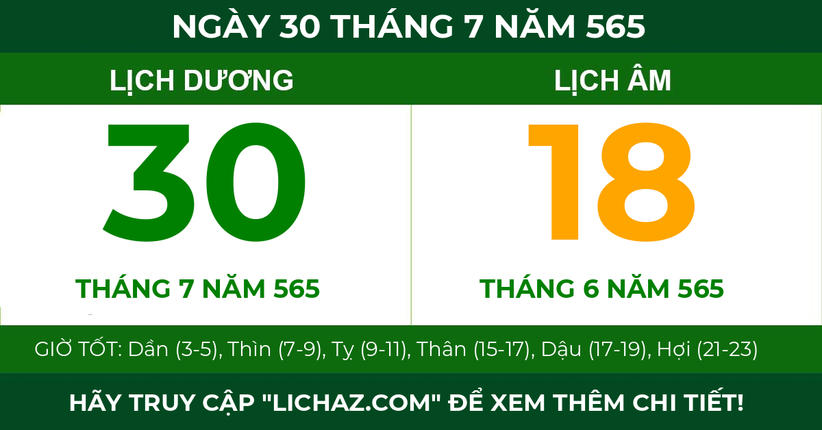 lịch âm ngày 30 tháng 7 năm 565
