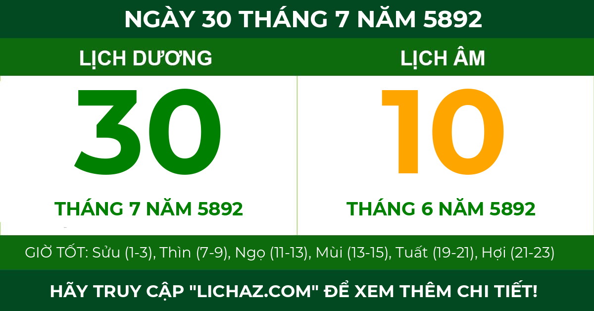 lịch âm ngày 30 tháng 7 năm 5892