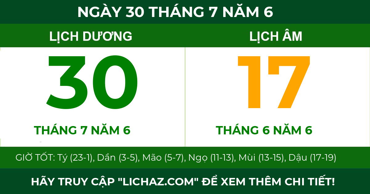 lịch âm ngày 30 tháng 7 năm 6