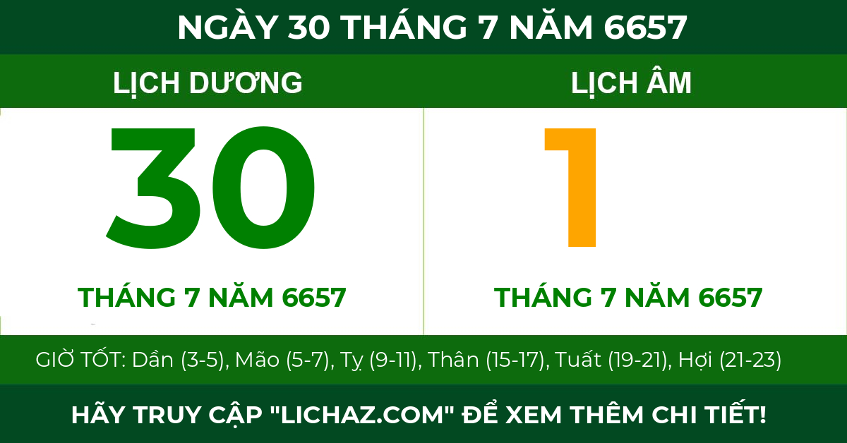 lịch âm ngày 30 tháng 7 năm 6657
