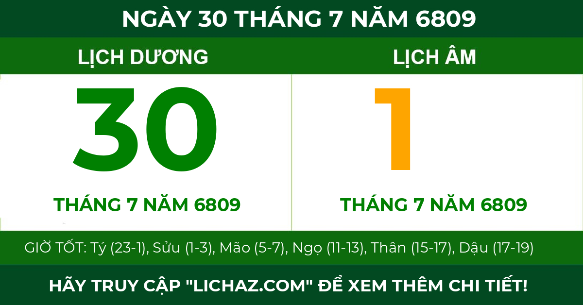 lịch âm ngày 30 tháng 7 năm 6809