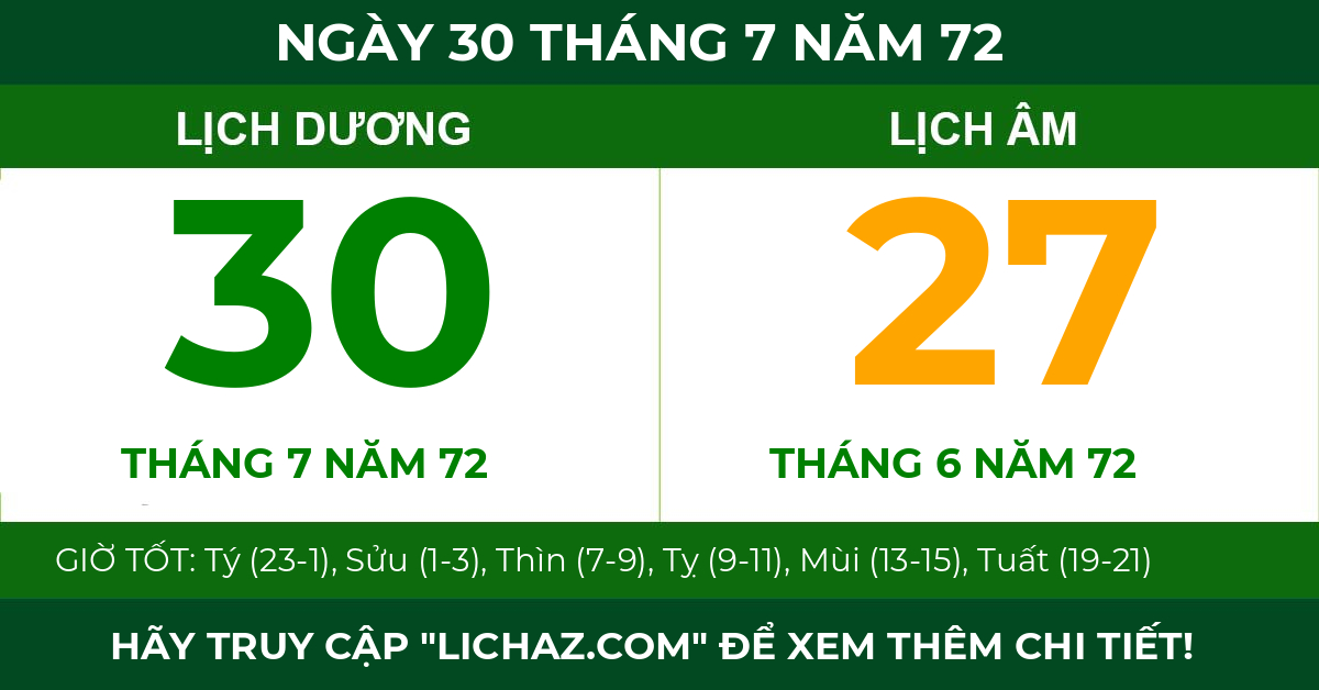 lịch âm ngày 30 tháng 7 năm 72