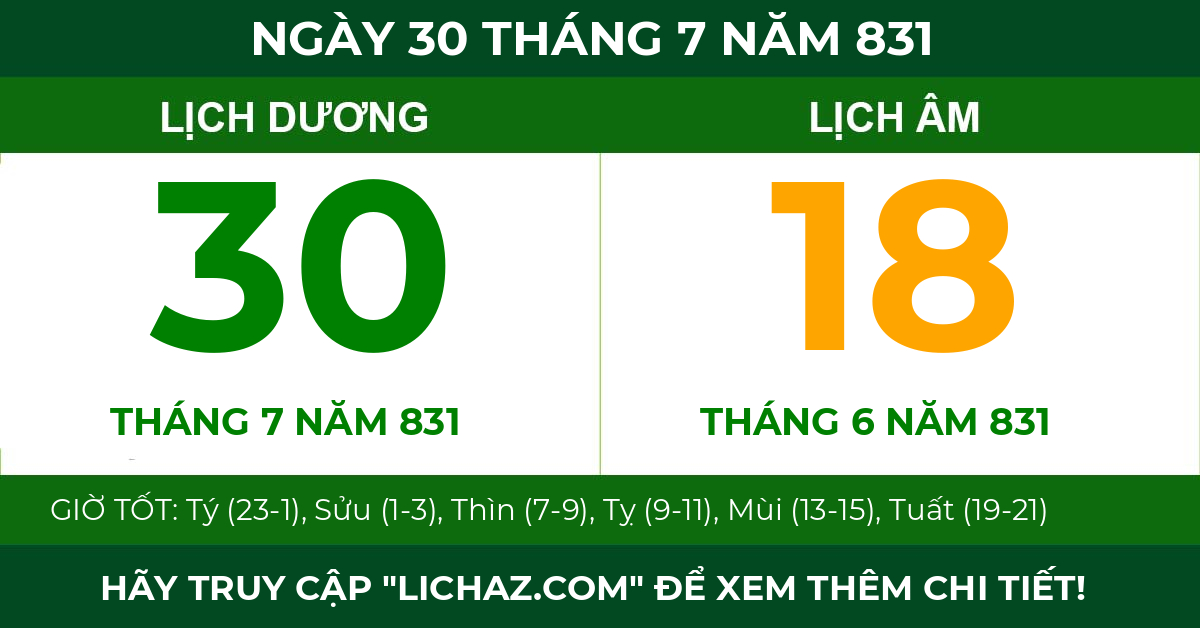 lịch âm ngày 30 tháng 7 năm 831