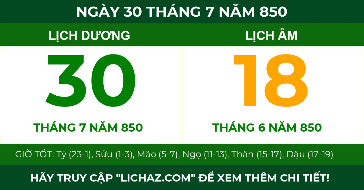 lịch âm ngày 30 tháng 7 năm 850