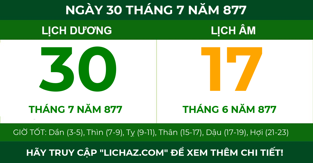 lịch âm ngày 30 tháng 7 năm 877