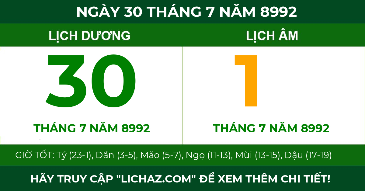 lịch âm ngày 30 tháng 7 năm 8992