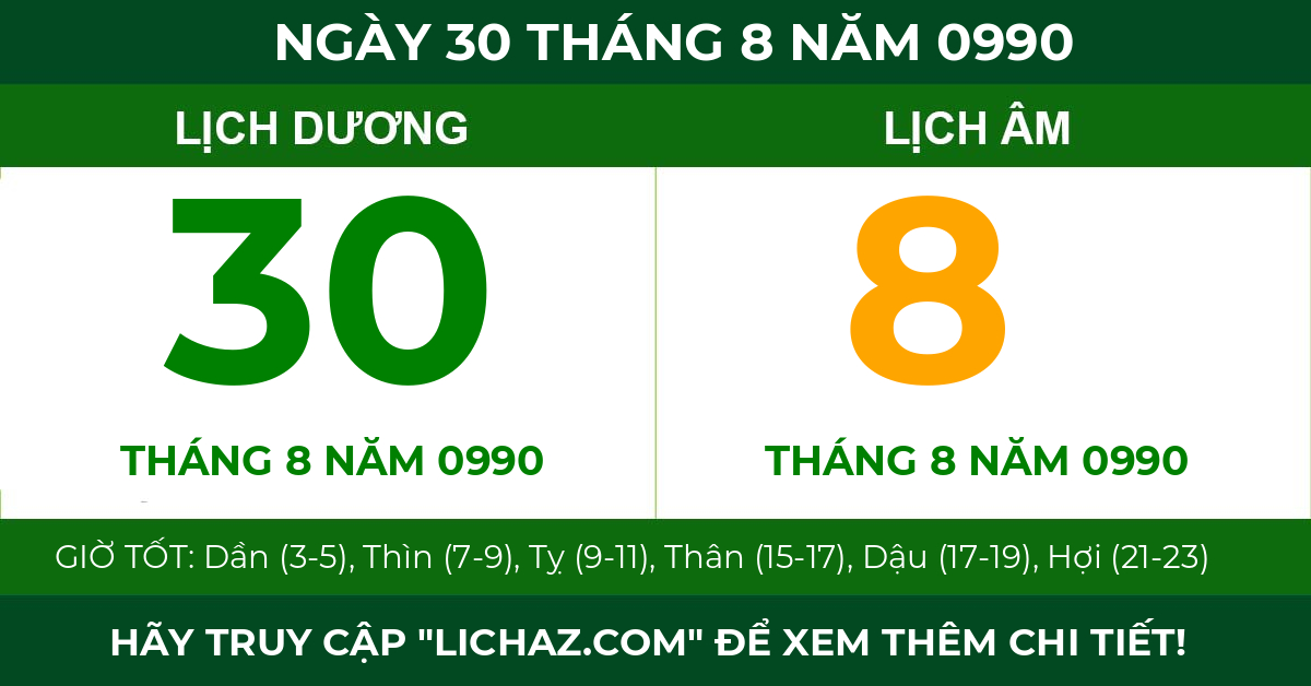 lịch âm ngày 30 tháng 8 năm 0990