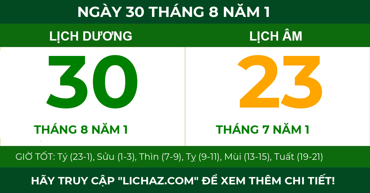 lịch âm ngày 30 tháng 8 năm 1