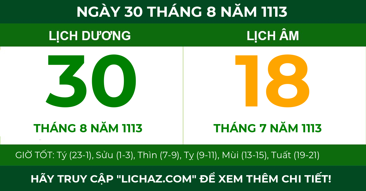 lịch âm ngày 30 tháng 8 năm 1113