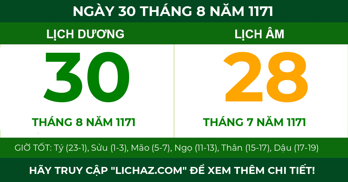 lịch âm ngày 30 tháng 8 năm 1171