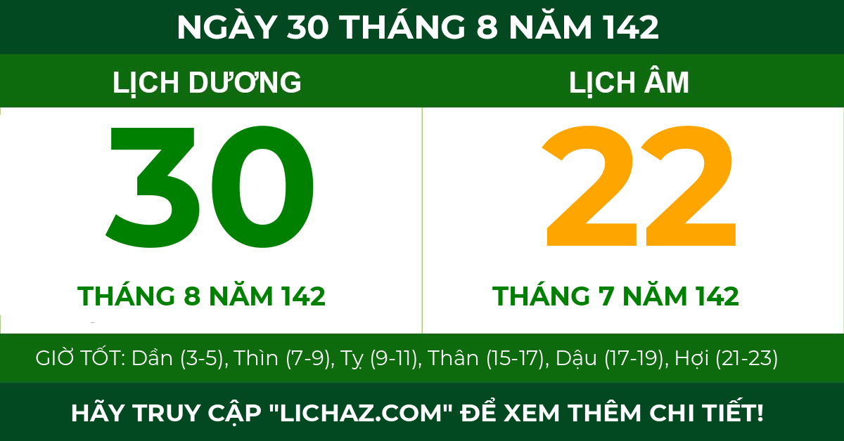 lịch âm ngày 30 tháng 8 năm 142