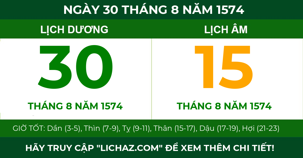 lịch âm ngày 30 tháng 8 năm 1574