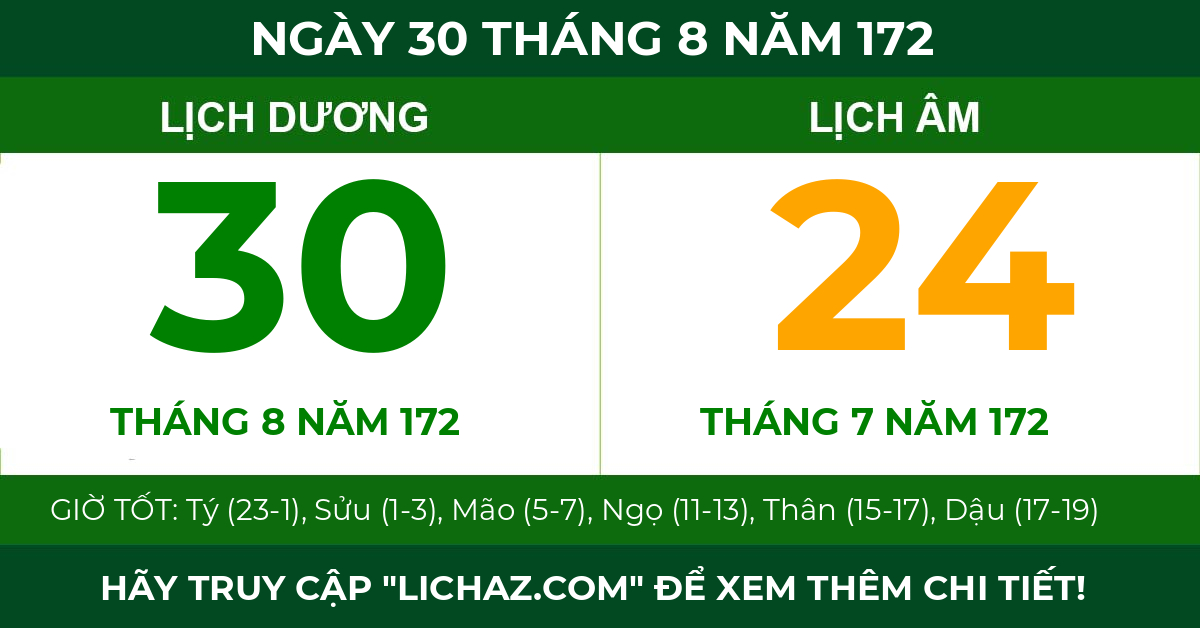 lịch âm ngày 30 tháng 8 năm 172