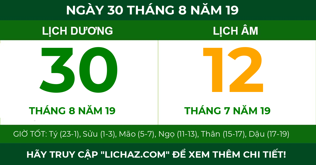 lịch âm ngày 30 tháng 8 năm 19