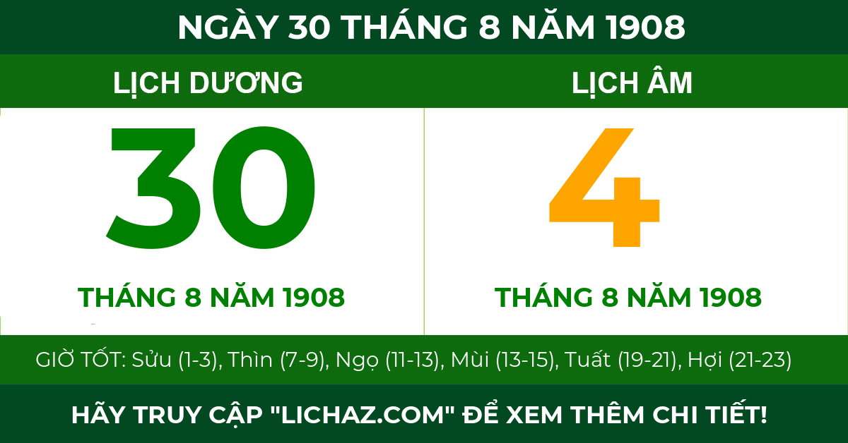 lịch âm ngày 30 tháng 8 năm 1908