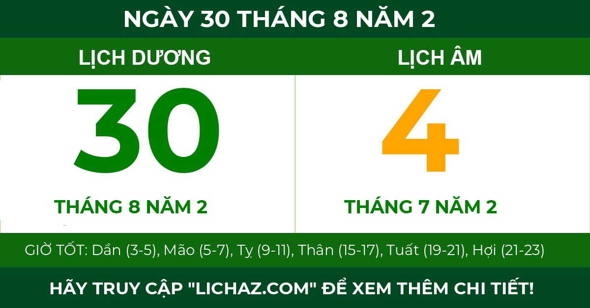 lịch âm ngày 30 tháng 8 năm 2