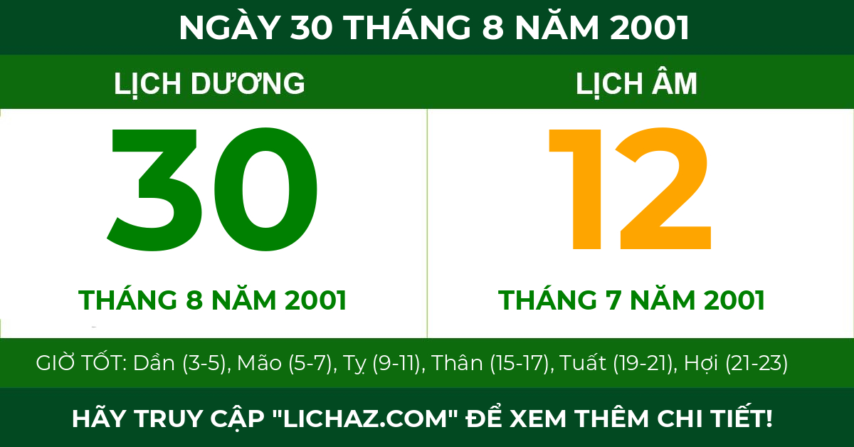 lịch âm ngày 30 tháng 8 năm 2001