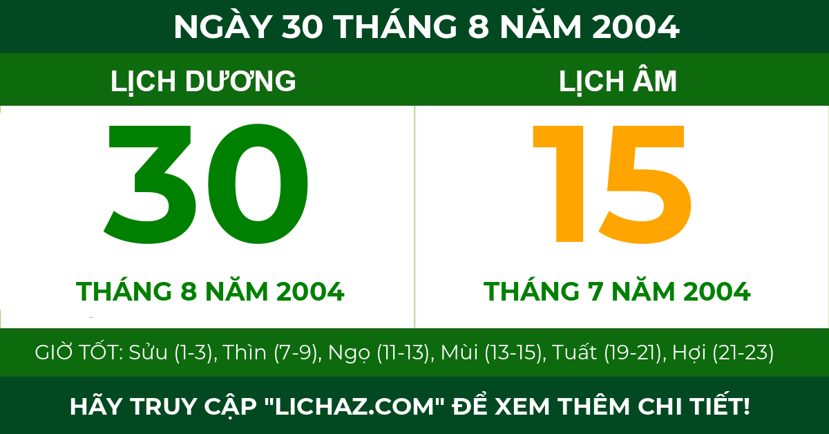 lịch âm ngày 30 tháng 8 năm 2004