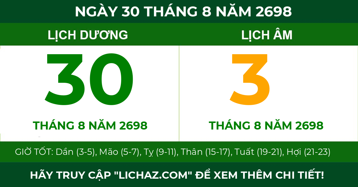 lịch âm ngày 30 tháng 8 năm 2698