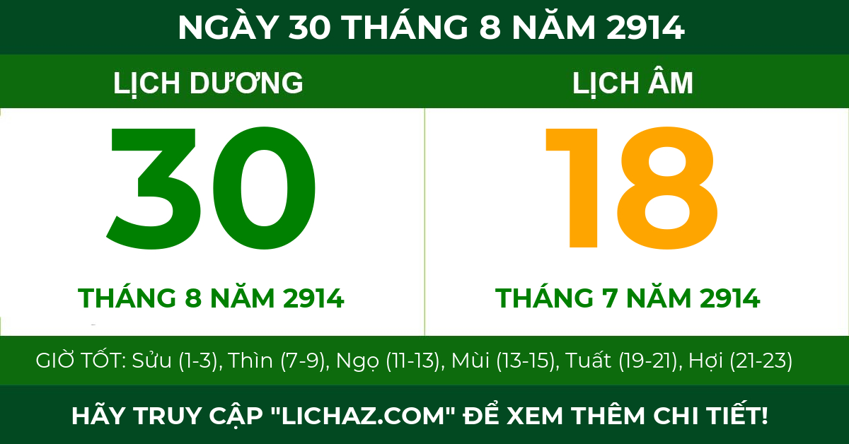 lịch âm ngày 30 tháng 8 năm 2914
